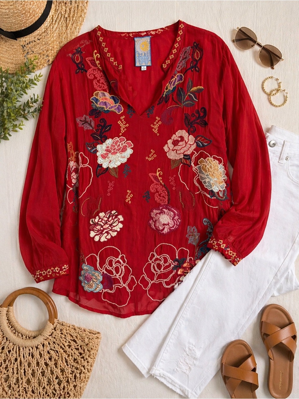 Johnny Was Red Embroidered Floral Garden Cottagecore Boho Blouse Size 1X - Picture 2 of 8